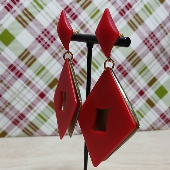 Large Red & Gold Tone Plastic Book Stud Earrings Vintage Jewelry #91 - Picture 7 of 11